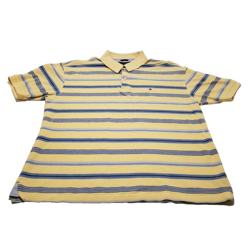 Y2K Tommy Hilfiger Striped Polo Shirt Mens XL Yellow Blue Cotton EUC Preppy